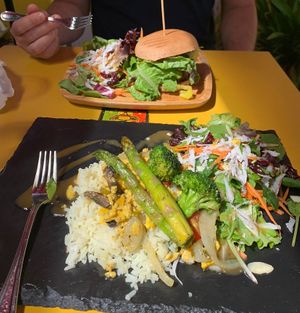 Akki stir fry and black bean burger   at Cafe Roots-N-Kulchah in St Croix