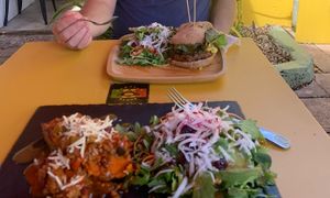 Stuffed sweet potato with chili and burger  at Cafe Roots-N-Kulchah in St Croix