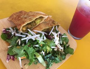 Veggie-filled pockets, salad and blackberry-ginger juice  at Cafe Roots-N-Kulchah in St Croix