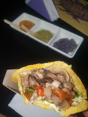Vegan arepa "grande" with mushrooms, lentils, tofu.... and 3 sauces. at Zea Maiz in Cali