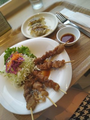 Soymeat yakitori + gyoza at NRT - T's Tantan - T2 in Narita