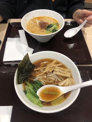 vege shouyu noodles on the bottom and vege dan dan noodles on top. at NRT - T's Tantan - T2 in Narita