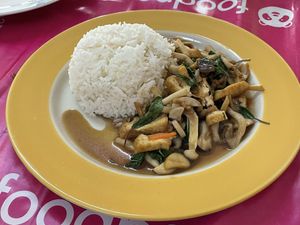 Stir-fried basil with mixed mushrooms and tofu, 40 baht  at Raan J Koh in Loei