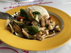 Stir fried vegan pork, duck and chicken, 40 baht  at Raan J Koh in Loei