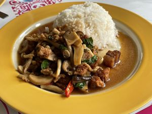Fried vegan crispy pork with basil, 40 baht  at Raan J Koh in Loei