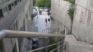 Go to the 3rd floor using these stairs at Sangrokwon Chaesikdang in Seoul