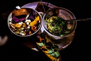 mixed pinxtos.
Carpaccio, 
Vegetable Snacks 
Pumpkin Spread  at Knolle & Kohl Pop-Up in Munich