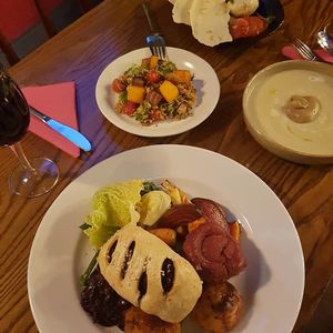 Fully vegan sunday roast with 3 options. We had Artichoke & Chestnut Soup, Cashew Burratina w. blood orange, Superfood Salad, Mushroom and Seitan Wellington at The Apple Tree in London