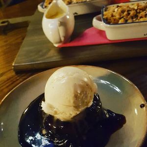 The vegan Sticky Toffee Pudding with vanilla non dairy ice-cream was absolutely delicious! at The Apple Tree in London