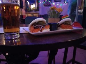 Sweet potato bao buns with onions, pickles & spicy peanut sauce at The Apple Tree in London