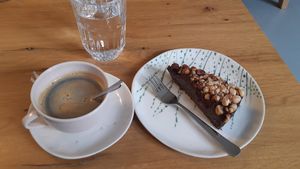 Coffee and hazelnut-forest fruit cake at Poslasticarnica Suma in Belgrade