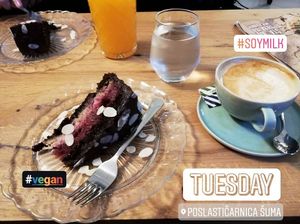 Forest cake and soy cappuccino  at Poslasticarnica Suma in Belgrade