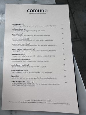 Menu, v+ means can be made vegan   at Comune in Columbus