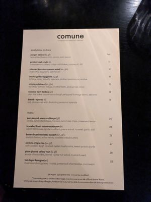 Seasonal menu at Comune in Columbus