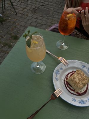 wine spritzers and matcha cream cake  at Veganda in Warsaw