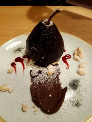 Dessert - pear with chocolate. Gruszka na slodko :) at Veganda in Warsaw