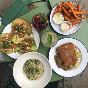 Vegan cutlet, vegan tacos, fava beans spaghetti, sweet potatoe fries. at Veganda in Warsaw
