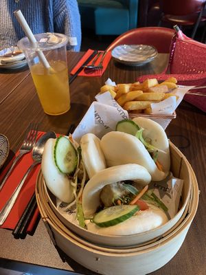 Fried tofu bao buns with teriyaki sauce + chips + vegan bubble tea  at Umai Mi in Newcastle Upon Tyne