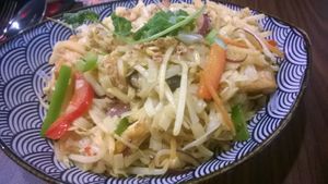 Singapore style flat rice noodles with tofu at Umai Mi in Newcastle Upon Tyne