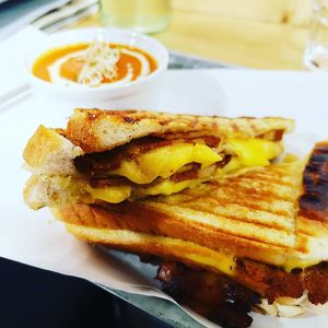 Cheese & Bacon Toastie with tomato soup at Take A Veg in Dublin