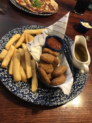 Quorn nuggets, chips and a side of curry sauce.   at The Admiral Byng in Potters Bar
