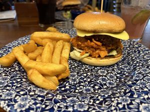 BBQ Jackfruit Burger which includes a beyond meat patty and vegan cheese in addition to the jackfruit.  at The Admiral Byng in Potters Bar