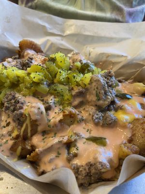 Big Mac Animal Fries with impossible crumbles and pickles.  Sloppy and amazing!  at VegOut in Bethlehem