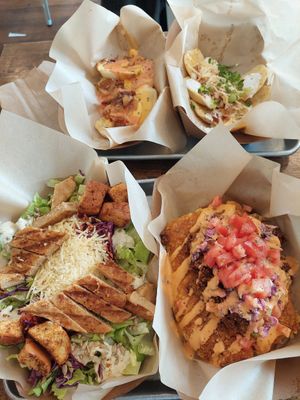 2 kinds of pierogies at top, Caesar salad with chicken, loaded mac & cheese with spicy taco meat at VegOut in Bethlehem
