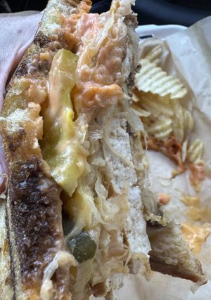 Innards of tofu Reuben (the tofu was plain. Not marinated. But the sauce helped it out.)  at VegOut in Bethlehem