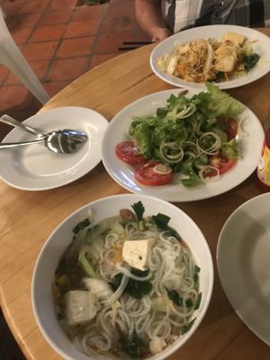 Pho, noodles with veggies and tofu and tossed green salad.  at Choi Oi in Phan Thiet