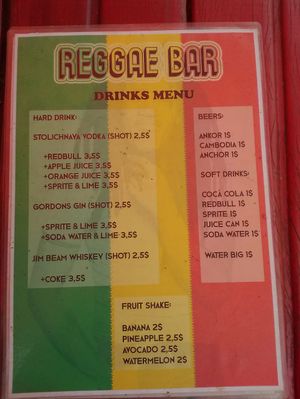 Drinks menu at Reggae Bar and Restaurant in Banlung