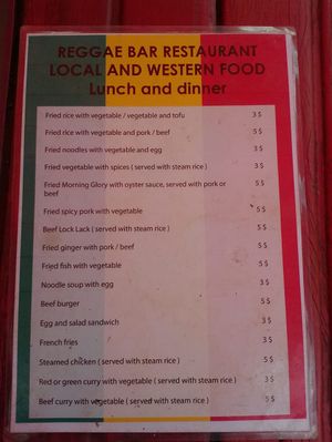 Menu with meat at Reggae Bar and Restaurant in Banlung