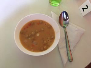 Example of buffet food: Tomato soup with chickpeas at Vegan Village in Hannover