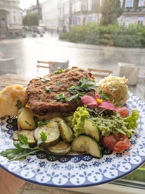 schabowy, potatoes and pickles at House of Seitan in Gdansk