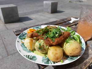 Vegan Schnitzel with salads, potatoes, green beens, cauliflower,  etc. Huge portion, amazing food, very nice and friendly staff. at House of Seitan in Gdansk