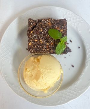 Chocolate brownie and vegan vanilla ice cream at Govindas in Tenerife