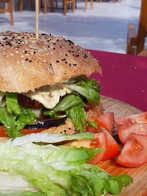 Vegetable meat vegan burger with vegan mayo! at Govindas in Tenerife