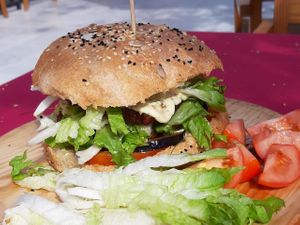 Vegetable meat vegan burger with vegan mayo! at Govindas in Tenerife