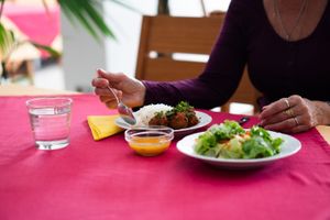 Vegetable Koftas with tomato sauce and rice Basmati , mango sauce and salad at Govindas in Tenerife