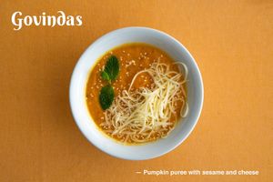 Pumpkin puree with sesame and cheese.
One of the plates from Menu of the Day Menu of the Day price €9,80 at Govindas in Tenerife