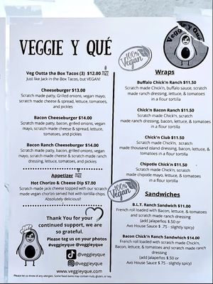 Menu at Veggie y Que in Whittier