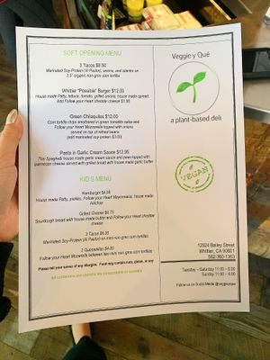 Soft opening menu  at Veggie y Que in Whittier