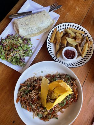 Veg burrito, side of fries (small but very crispy and yum), veg fried rice  at Sierra Bonita in Palomino