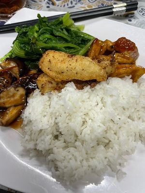 Lots of tofu, mushrooms, mock-fish tofu, greens and rice.   at Bo De Quan in Vinh