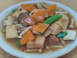 Three mushroom tofu at Happy Sambodi Vege Restaurant in Kuala Lumpur