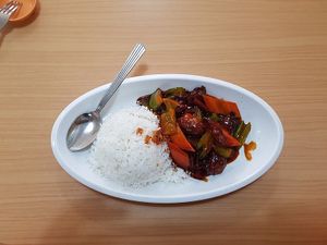 Kung Pao Chicken with Rice at Happy Sambodi Vege Restaurant in Kuala Lumpur