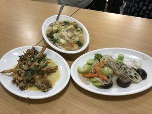 Deep fried butter oyster mushroom, Cantonese Fried Yin Yeong, Lotus toot mixed vegetable   at Happy Sambodi Vege Restaurant in Kuala Lumpur