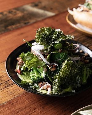 SMOKED BROCCOLI SALAD
coconut-pea purée, almond dressing, fresh asian herbs and black vinegar
 at Rice Paper Scissors in Fitzroy