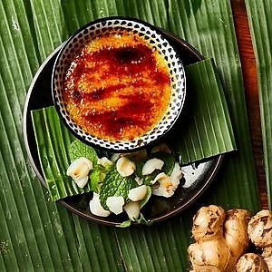 VEGAN BRULEE
Tofu and ginger brulee with fresh lychee and mint
 at Rice Paper Scissors in Fitzroy