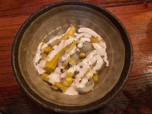 fruit with coconut cream (part of vegan degustation 10 course meal) at Rice Paper Scissors in Fitzroy